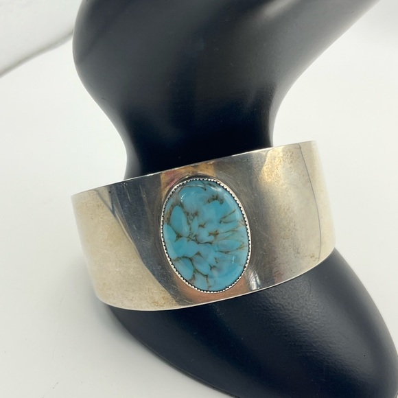Danecraft sterling silver wide cuff bracelet blue cabochon stone vintage - Picture 14 of 16